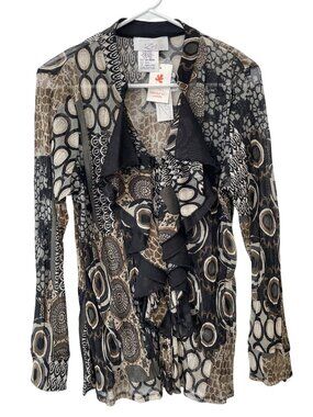 Vintage Y2K Zoe Top Large Sheer Button Front Long Sleeve Ruffle Deadstock NEW